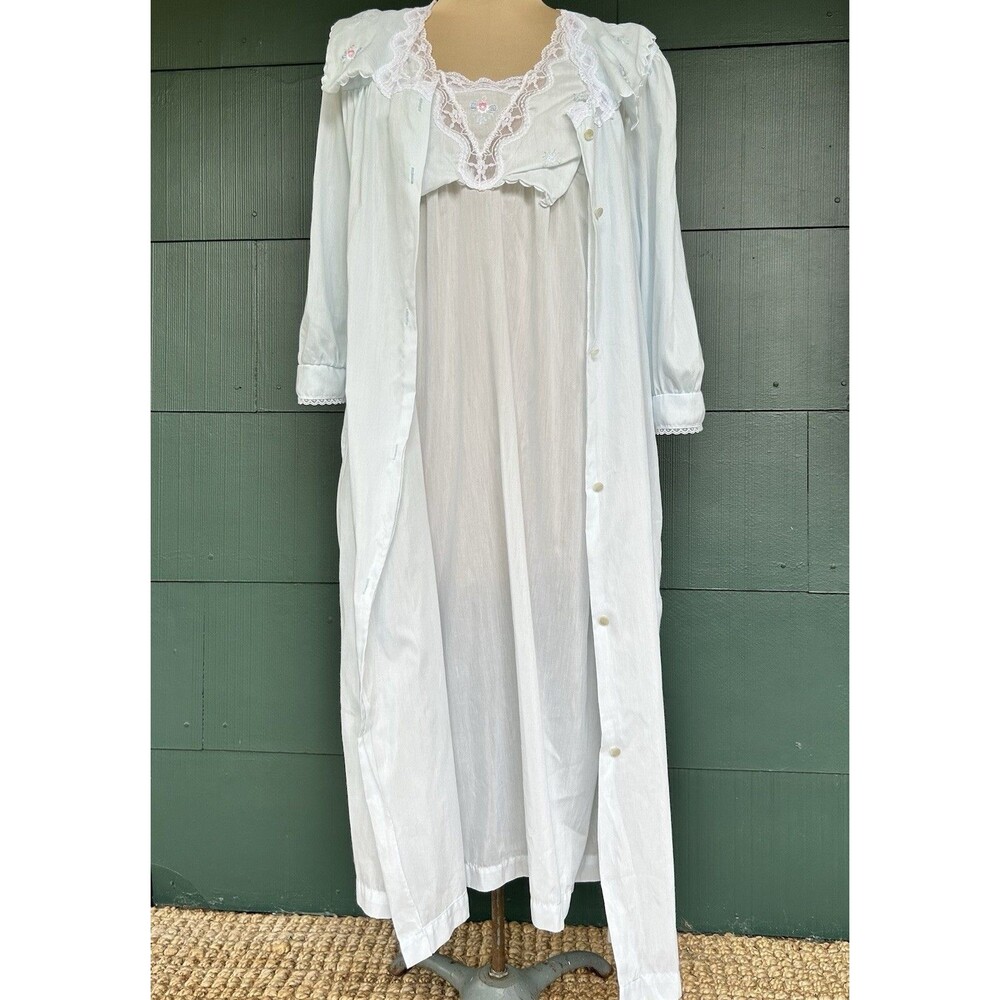 Vintage 70s Barbizon Peignoir Robe Set Pastel Blue Embroidered Cottagecore Small